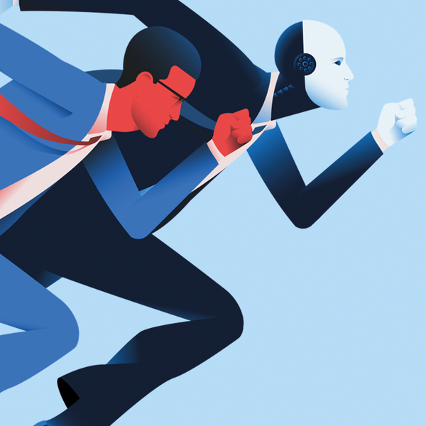 a man and a robot competing in a race