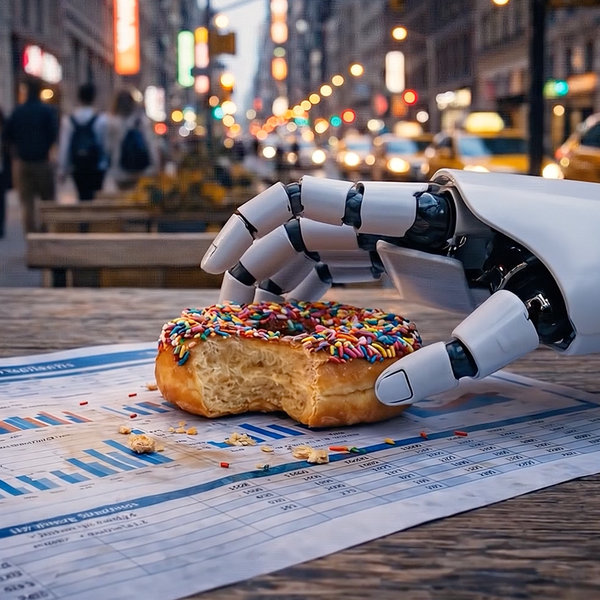 Mão de robô colocando uma rosquinha em cima de um jornal