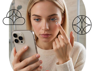 Female trying on contact lenses for the first time using app on phone to guide her how to put on contact lenses.