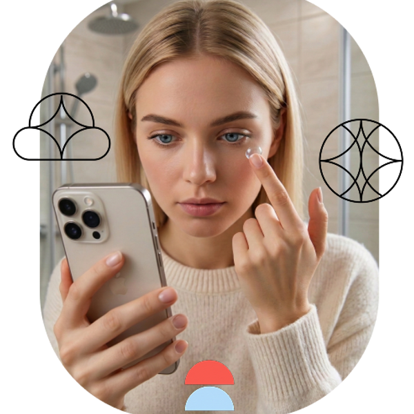 Female trying on contact lenses for the first time using app on phone to guide her how to put on contact lenses.