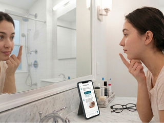 Female looking in the mirror using phone with AI assisting her on putting on contact lenses for the first time.