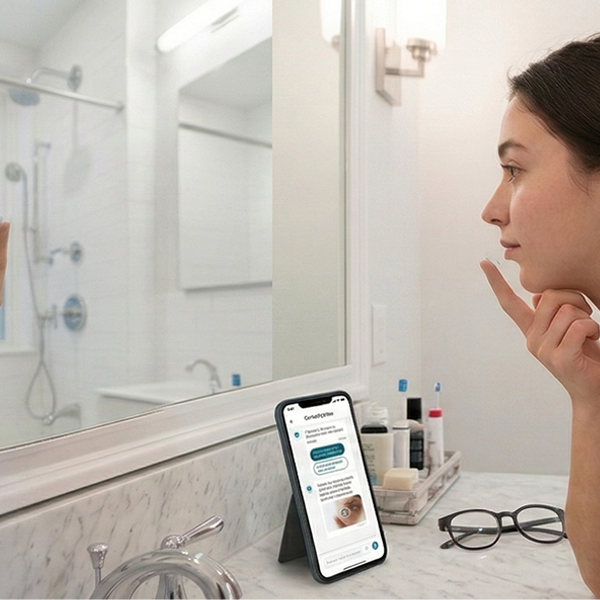 Female looking in the mirror using phone with AI assisting her on putting on contact lenses for the first time.