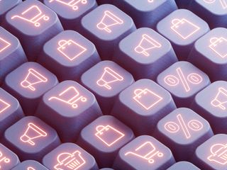 a keyboard with many different retail icons on it