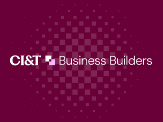 CI&T Business Builders logo on a burgundy background with a geometric square pattern