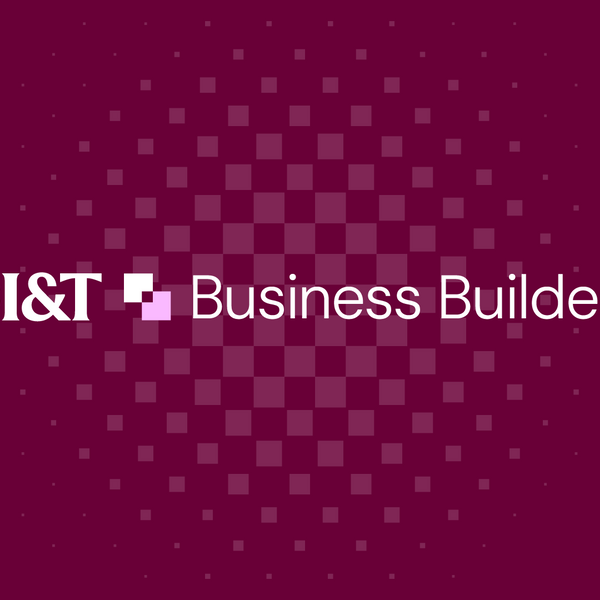 CI&T Business Builders logo on a burgundy background with a geometric square pattern