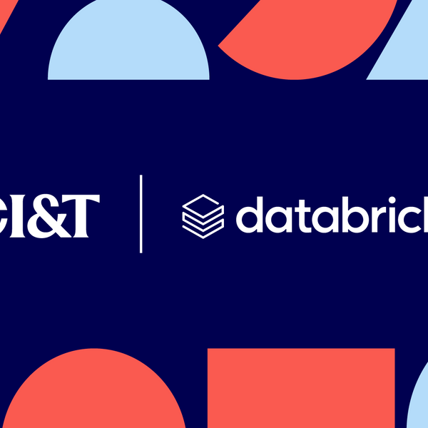 CI&T and Databricks logos displayed side by side on a dark blue background with coral and light blue geometric shapes